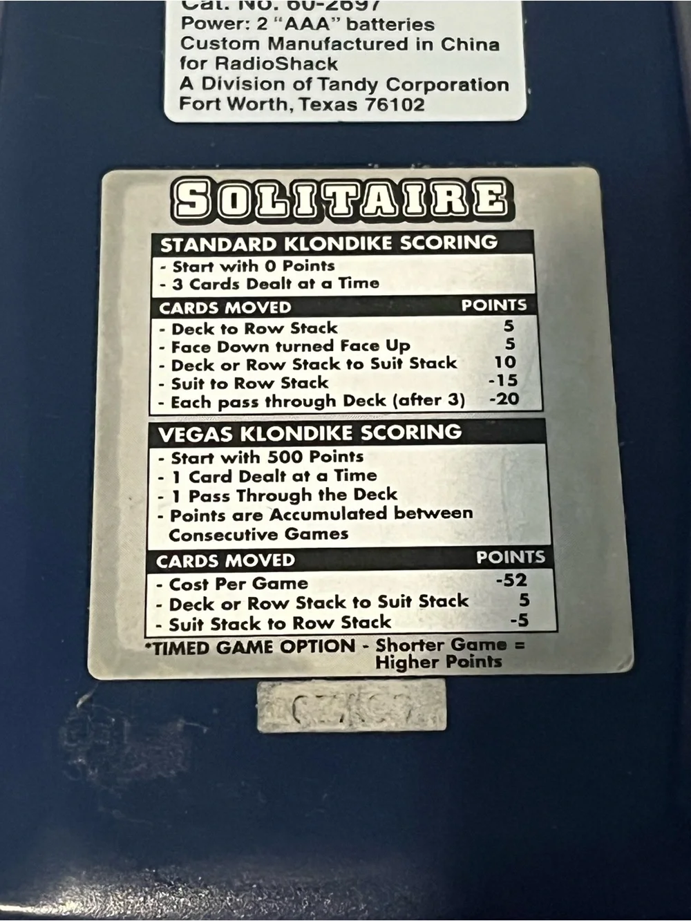 Vintage Radio Shack Solitaire Handheld Electronic Travel Game ~ Tested & Works!